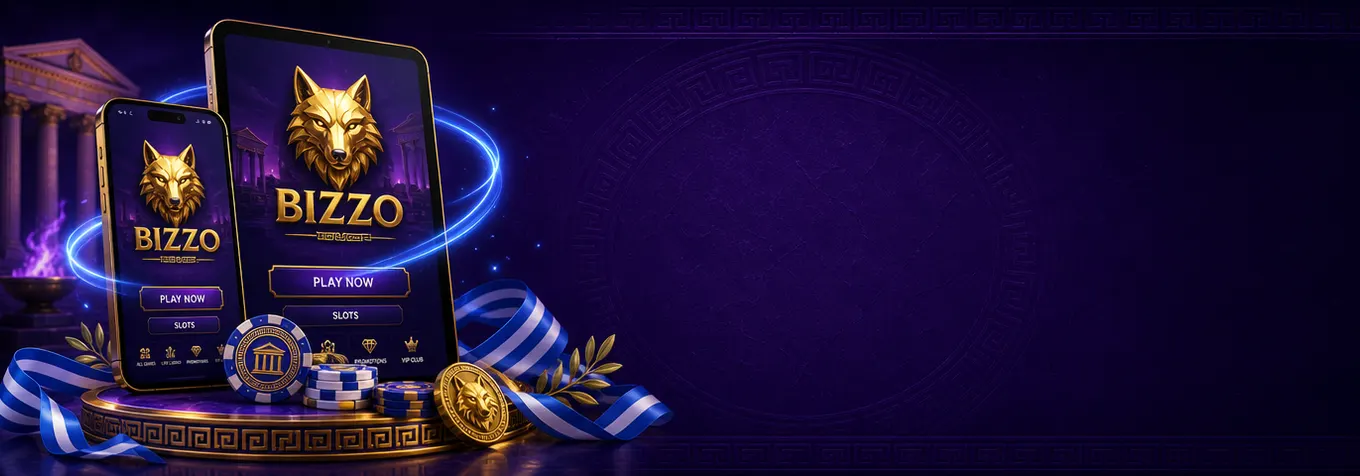 Η εφαρμογή Bizzo Casino με χρυσό λογότυπο λύκου σε smartphone και tablet με γαλανόλευκη κορδέλα