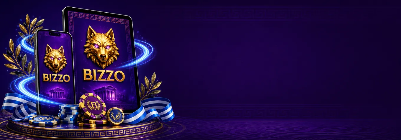 Η εφαρμογή Bizzo Casino με χρυσό λογότυπο λύκου σε smartphone και tablet