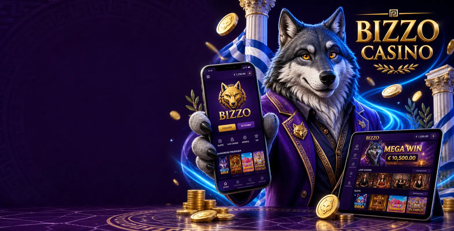 Η μασκότ λύκος του Bizzo Casino κρατά smartphone με την εφαρμογή του καζίνο και μαρμάρινες ελληνικές κολόνες