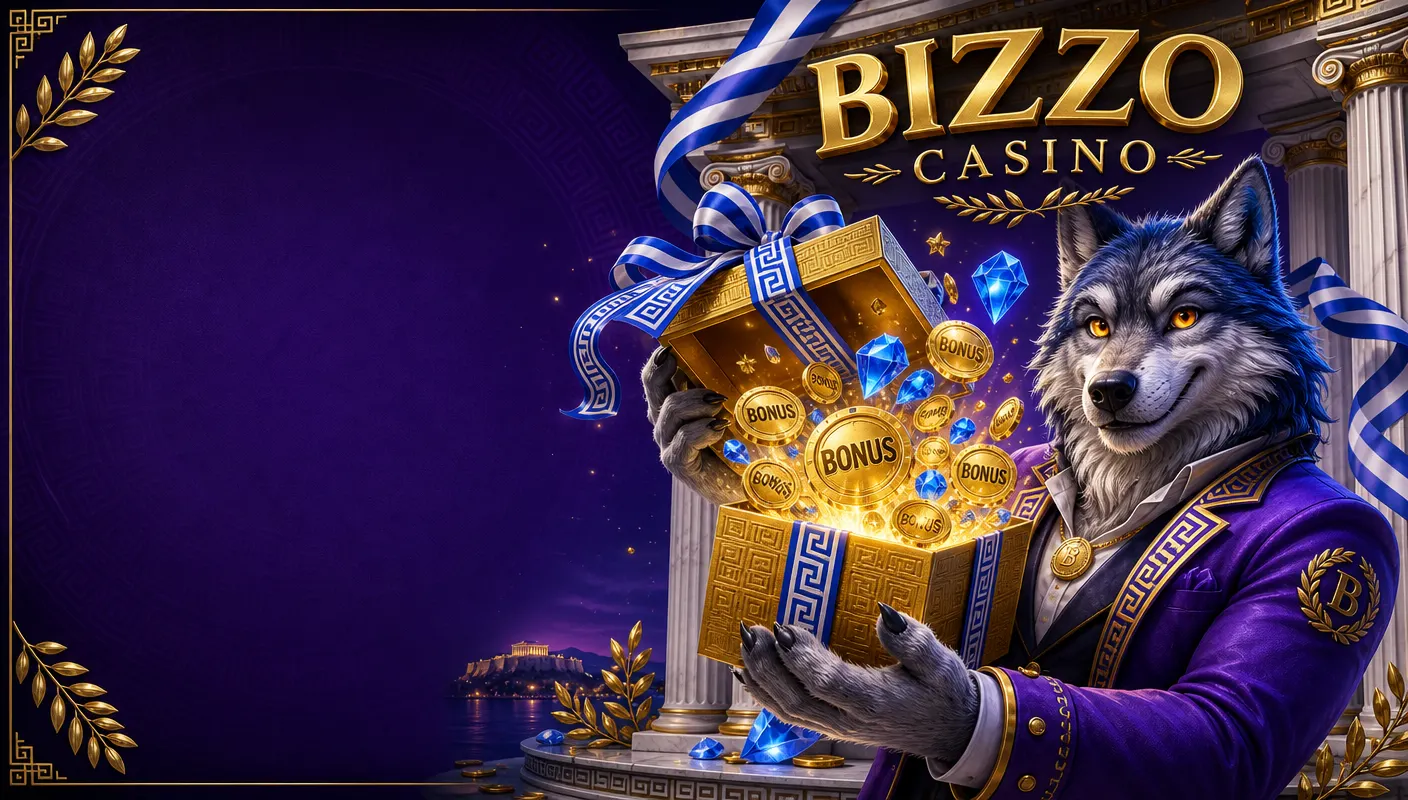 Η μασκότ λύκος του Bizzo Casino κρατά χρυσό κουτί δώρου με γαλανόλευκη κορδέλα και μαρμάρινες ελληνικές κολόνες