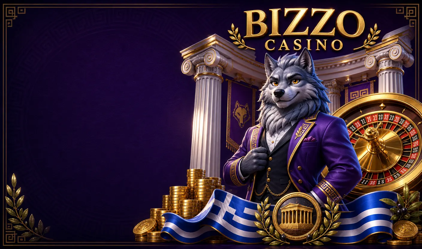 Η μασκότ λύκος του Bizzo Casino με μωβ σακάκι δίπλα σε χρυσή ρουλέτα, μαρμάρινες ελληνικές κολόνες και γαλανόλευκη κορδέλα