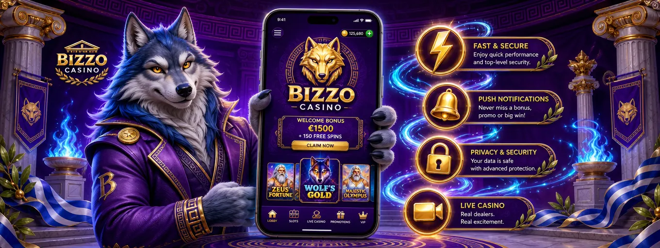 Χαρακτηριστικά της εφαρμογής Bizzo Casino με χρυσά εικονίδια push, ασφάλειας και live βίντεο