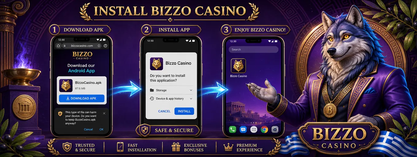 Βήματα εγκατάστασης της εφαρμογής Bizzo Casino σε τρεις οθόνες smartphone με μπλε βέλη