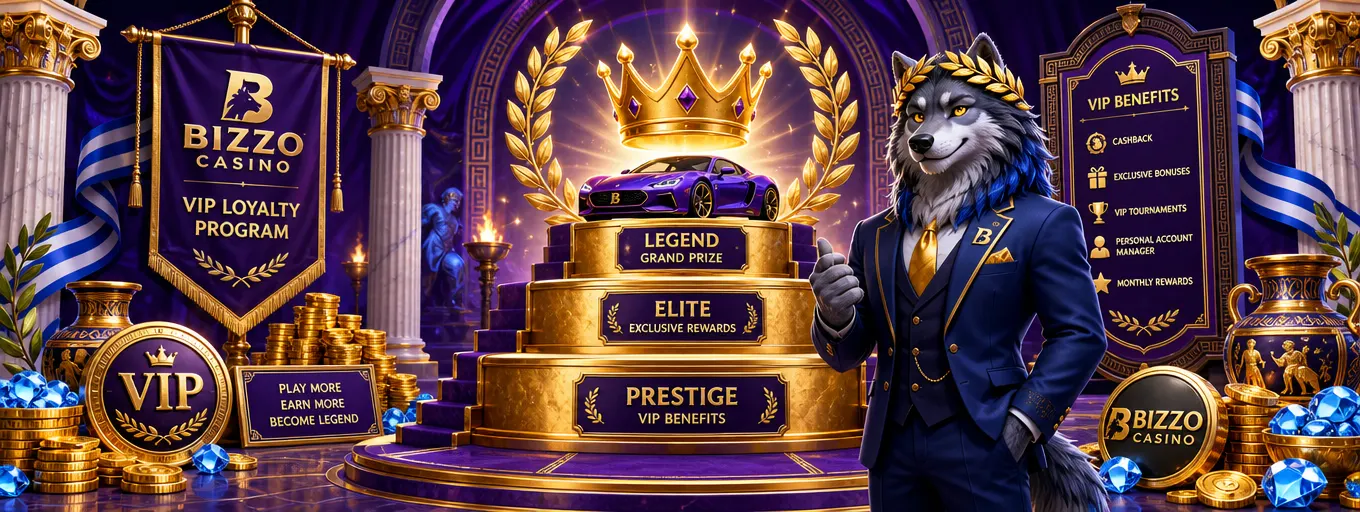 Πρόγραμμα VIP Bizzo Casino με χρυσά επίπεδα, στέμμα με δάφνινο στεφάνι και έπαθλο Porsche