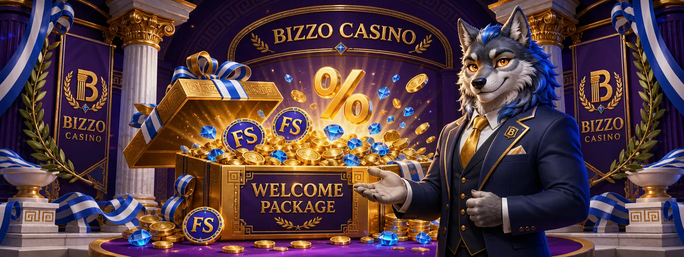 Χρυσό κουτί δώρου Bizzo Casino γεμάτο νομίσματα και μπλε πετράδια με ελληνικές κολόνες