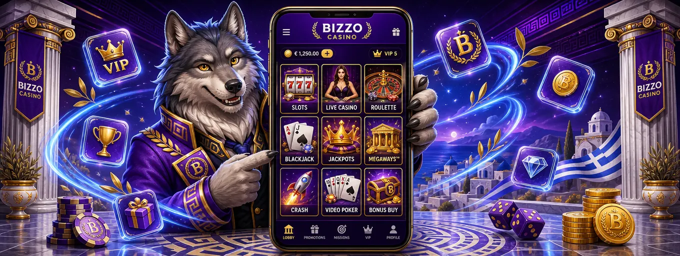 Η μασκότ λύκος του Bizzo Casino κρατά smartphone με πλέγμα παιχνιδιών καζίνο