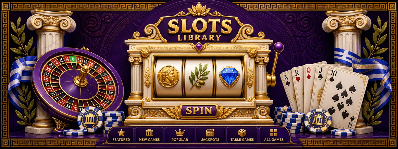 Συλλογή κουλοχέρηδων Bizzo Casino με χρυσό κουλοχέρη, ρουλέτα και μαρμάρινες ελληνικές κολόνες
