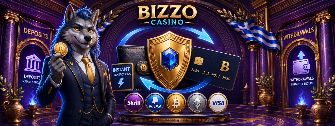 Ασφαλείς μέθοδοι πληρωμής Bizzo Casino με χρυσή ασπίδα, κάρτα και μάρκες